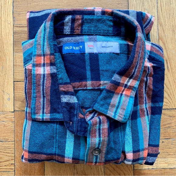 Old Navy Tops - OLD NAVY size XXL Tall Orange & Green Plaid Button Down Flannel Shirt